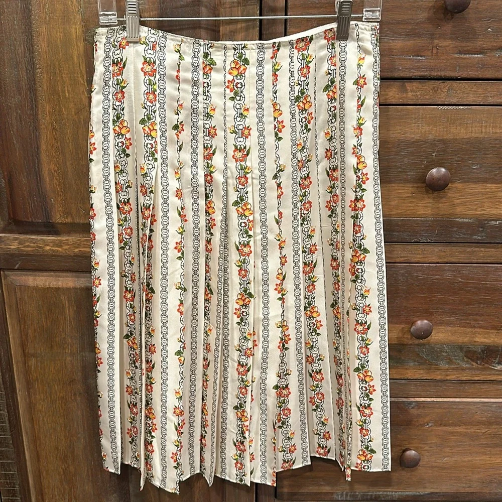 Tory Burch Cream Floral Stripe Pleated Midi Skirt